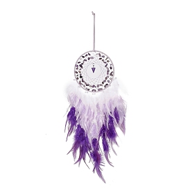 Iron Wire Woven Web/Net with Feather Pendant Decorations, with Plastic, Amethyst Beads, Dangle Cone Pendant, Covered with Leather Cord, Flat Round