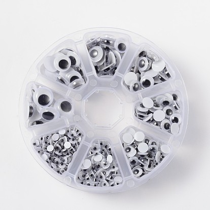 Plat noir et blanc tortiller plastique yeux écarquillés rondes cabochons artisanat scrapbooking bricolage accessoires de jouets, 4~12x2~3 mm, sur 885 pcs / boîte