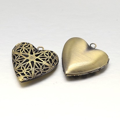 Estante corazón chapado en bronce de fotos colgantes de filigrana medallón, sin plomo, 26x26x7 mm, agujero: 1 mm, interior: 19x18 mm