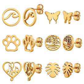 6 Pairs 6 Style Butterfly & Leaf & Tree of Life & Cat Claw Print & Music Note & Wave 316 Surgical Stainless Steel Stud Earrings for Women