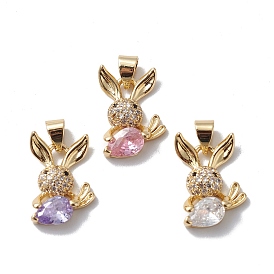 Rack Plating Brass Cubic Zirconia Charms, Long-Lasting Plated, Cadmium Free & Lead Free, Real 18K Gold Plated, Rabbit with Carrot Charm