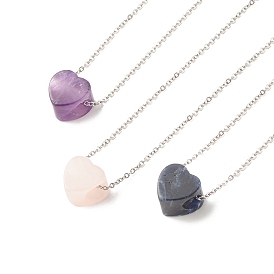 Collier pendentif coeur en pierres précieuses naturelles avec 304 chaînes de câbles en acier inoxydable pour femmes