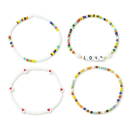 4шт 4 стили любовь тема комплекты эластичных браслетов из стеклянного бисера, Браслеты из натурального культивированного пресноводного жемчуга для женщин