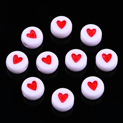 Opaque Acrylic Beads, with Enamel, Flat Round with Heart
