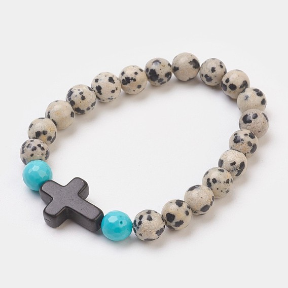Synthetic Turquoise(Dyed) Beads Stretch Bracelets, with Natural Gemstone Beads, Round and Cross
