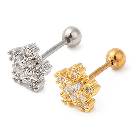 Brass Micro Pave Clear Cubic Zirconia Stud Earrings, with 316 Stainless Steel Pin and Ear Nut, Flower