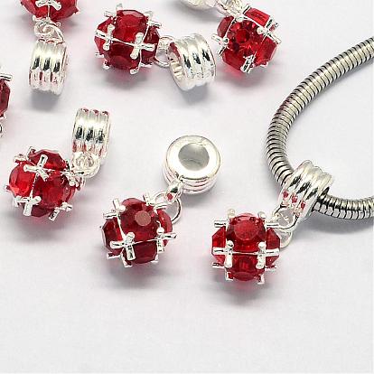 Alloy European Dangle Charms, with Rhinestones, Large Hole Pendants, Round, Silver Color Plated, 28mm, Hole: 5mm
