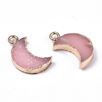 Druzy Resin Pendants, with Edge Light Gold Plated Iron Loops, Moon