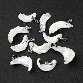 Natural Trochid Shell/Trochus Shell Pendants, Petal Charms, with Platinum Tone Brass Snap on Bails