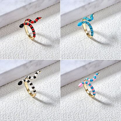 4 piezas 4 anillos de brazalete dorado serpiente de colores para mujer, anillos abiertos de latón esmaltado