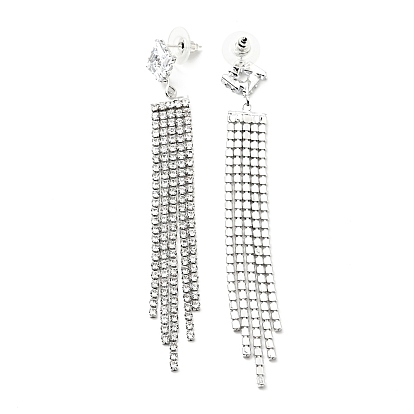 Clear Cubic Zirconia & Crystal Rhinestone Long Tassel Dangle Stud Earrings, Brass Earrings with 925 Sterling Silver Pins for Women