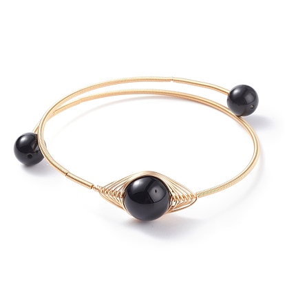 Natural Gemstone Round Beaded Bangle, Adjustable Copper Wire Torque Bangle for Women, Golden