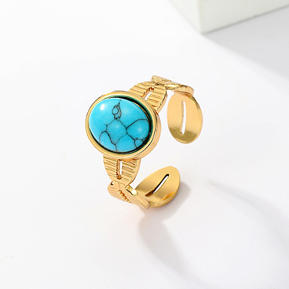 Real 18K Gold Plated Stainless Steel Open Cuff Rings, with Synthetic Turquoise