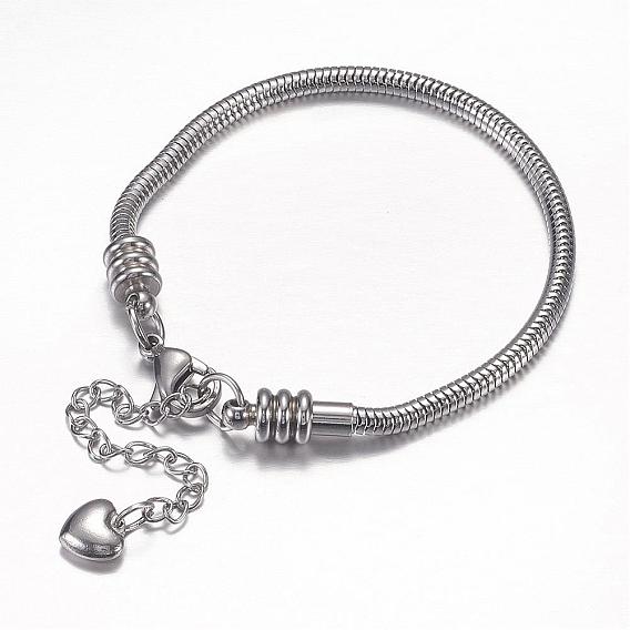 304 pulseras de cadenas de serpiente redondas europeas de acero inoxidable, con cierre de pinza y los encantos del corazón