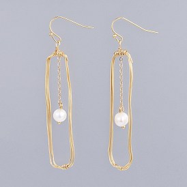Natural Freshwater Pearl Dangle Earrings, with Brass Findings and Copper Wire