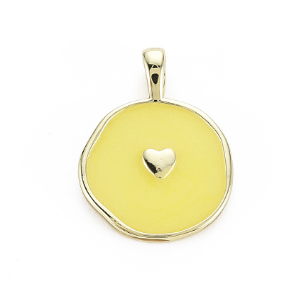 Brass Enamel Pendants, Cadmium Free & Nickel Free & Lead Free, Real 16K Gold Plated, Flat Round with Heart