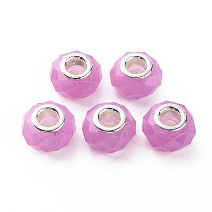 Resin European Beads, Large Hole Beads, with Silver Tone Brass Double Cores, Faceted, Rondelle