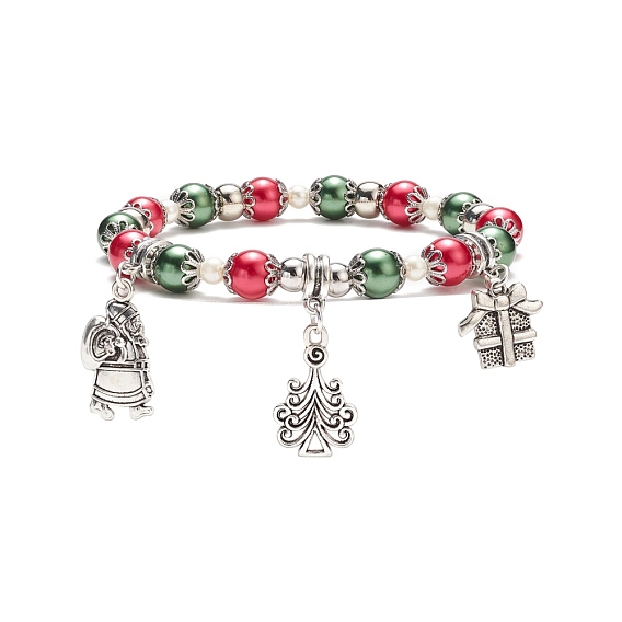 Glass Pearl Beaded Stretch Bracelet, Christmas Tree & Santa Claus & Gift Box Alloy Charm Bracelet for Women