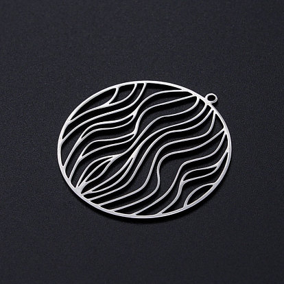 201 Stainless Steel Filigree Charms, Flat Round with Wave Pattern