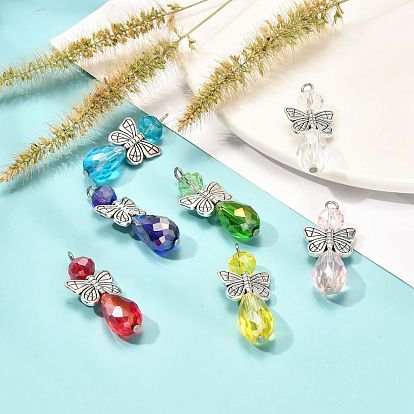 Glass Pendants, with Tibetan Style Alloy Butterfly Beads and Electroplate Glass Beads Strands, AB Color Plated, Teardrop