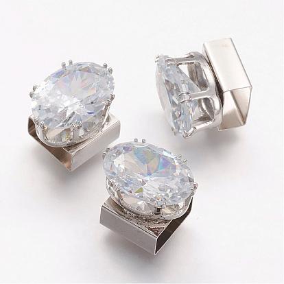 Brass Slide Charms, with Micro Pave Cubic Zirconia, Oval
