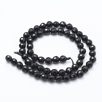 Brins de perles d'onyx noir naturel, teint, ronde, à facettes (128 facettes)