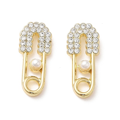 Alloy Rhinestone Stud Earring Findings, with Plastic Pearl Beaded & 925 Sterling Silver Pins & Horizontal Loop, Safety Pin Shape