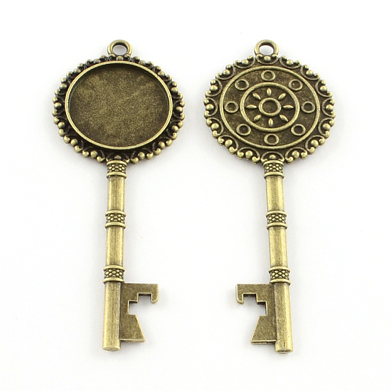 Ajustes pendientes de cabujón de aleación clave de estilo tibetano, sin plomo y el cadmio, Bandeja: 20 mm, 71x27x3 mm, Agujero: 3 mm, sobre 165 unidades / 1000 g