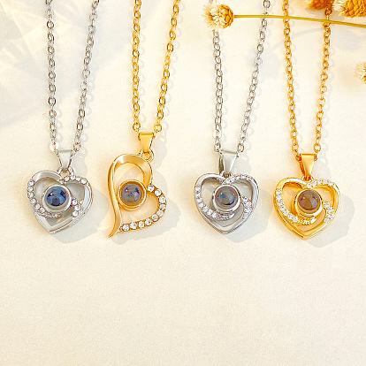 I Love You in 100 Languages Glass Projection Necklace, Rhinestone Heart Pendant Necklace with Alloy Chains