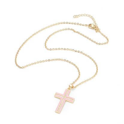 Brass Micro Pave Cubic Zirconia Cross Pendant Necklaces, with Enamel and 304 Stainless Steel Cable Chains, Golden
