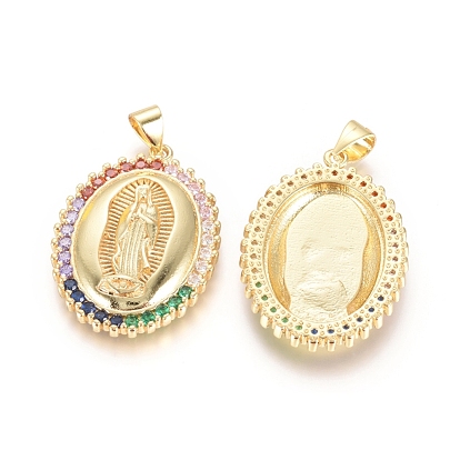 Brass Micro Pave Cubic Zirconia Pendants, Lady of Guadalupe Charms, Long-Lasting Plated, Oval with Virgin Mary