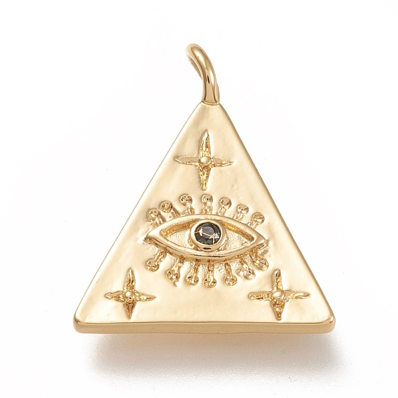 Brass Pendants, with Cubic Zirconia, Triangle with Eye, Black, Real 18K Gold Plated