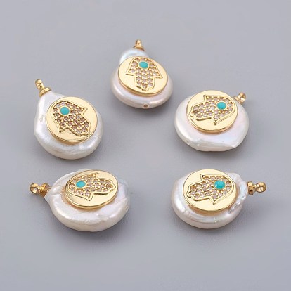 Natural Cultured Freshwater Pearl Pendants, with Cubic Zirconia and Enamel, Brass Findings, Long-Lasting Plated, Flat Round with Hamsa Hand/Hand of Fatima /Hand of Miriam, Real 18K Gold Plated