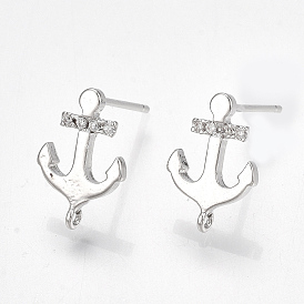 Brass Cubic Zirconia Stud Earring Findings, with Loop, Anchor, Clear, Nickel Free
