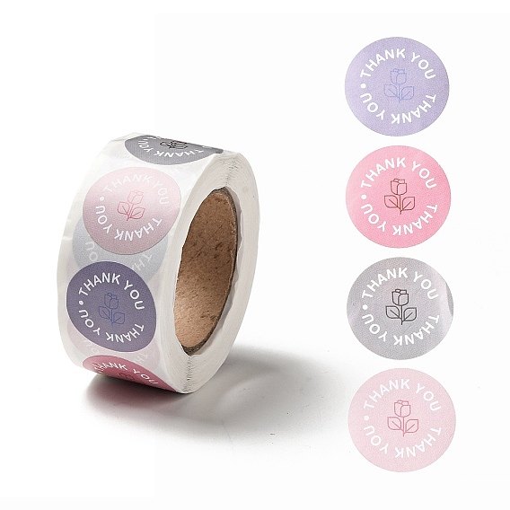 Patrón de rosa redondo plano gracias rollo de pegatinas de papel, etiqueta de regalo autoadhesiva para la decoración de la parte superior del sello