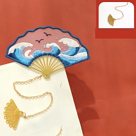 DIY Chinese Ancient Style Fan-shaped Bookmarks Embroidery Starter Kit, including Alloy Pendant Findings, Iron Needles, Fabric, Alloy Fan Hoop, Cotton Thread
