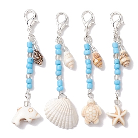 4Pcs Shell Pendant Decorations, with Glass Beads, Synthetic Turquoise Beads and Zinc Alloy Lobster Claw Clasps