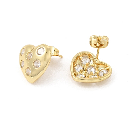 Boucles d'oreilles clous en forme de cœur avec zircons cubiques transparents, bijoux en laiton pour femmes