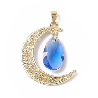 Alloy Pendants, with Faceted Glass Teardrop, Crescent Moon Charm