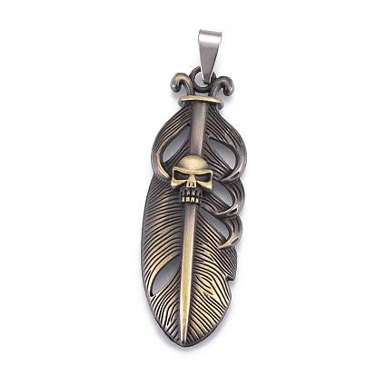 Tibetan Style Alloy Pendants, with Stainless Steel Findings, Feather with Skull