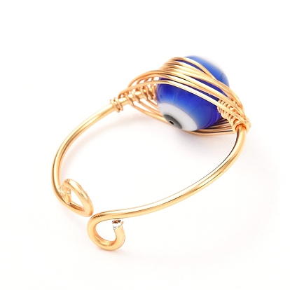 Copper Wire Wrapped Handmade Lampwork Adjustable Rings for Women or Men, Evil Eye Cuff Finger Rings, Real 18K Gold Plated