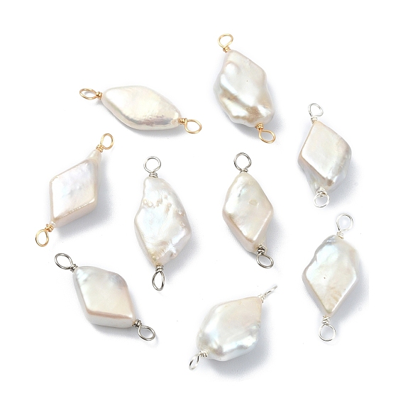 Natural Baroque Pearl Keshi Pearl Copper Wire Wrapped Connector Charms, Cultured Freshwater Pearl Rhombus Links