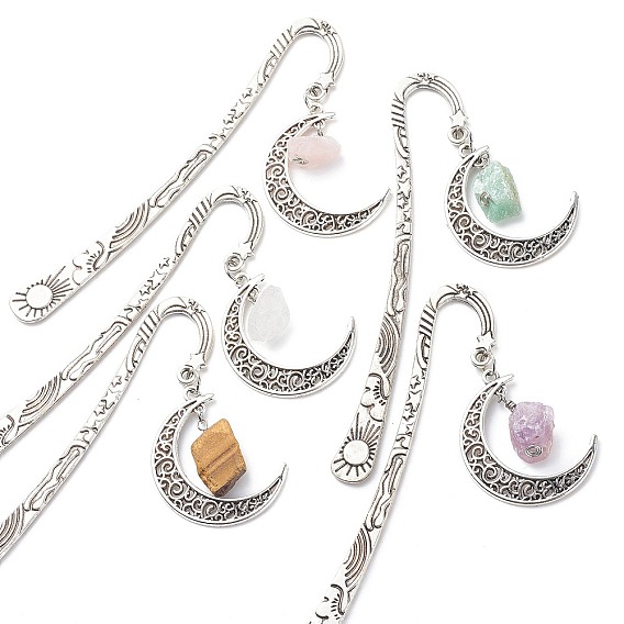 Mixed Natural Gemstone Raw Beads Bookmarks, Hook Bookmark, Moon Pendant Book Marker