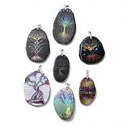 Natural Agate Big Pendants, Tree of Life Charms with Platinum Plated Metal Pinch Bails, Dyed & Heated
