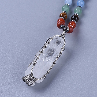 Natural/Synthetic Mixed Stone Pendant Necklace, with Quartz Crystal Pendant and Brass Findings
