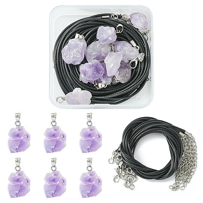 DIY Necklace Making Kit, Including Raw Rough Natural Amethyst Pendants, Waxed Cotton Cord Necklace Making