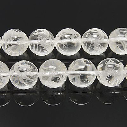 Natural Quartz Crystal Beads Strands, Rock Crystal Beads, Round, Carved Dragon Pattern