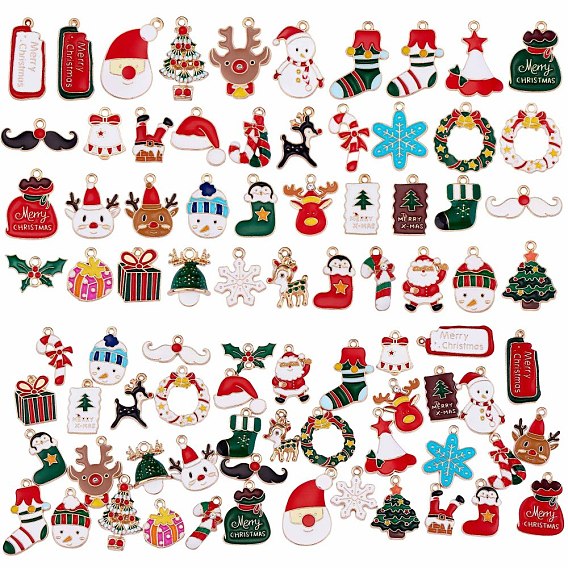 40 piezas colgantes de esmalte de aleación navideña, con diamante de imitación, Papá Noel y copo de nieve y árbol de Navidad y renos/ciervo, para joyería, arete, fabricación de regalos, artesanía, decoración de vacaciones, decoración