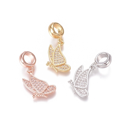 Brass Micro Pave Clear Cubic Zirconia European Dangle Charms, Large Hole Pendants, Butterfly