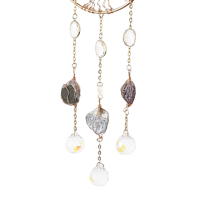 Natural Fluorite Chips Beaded Moon with Tree of Life Hanging Sun Catchers, with Glass Teardrop, with Iron Findings